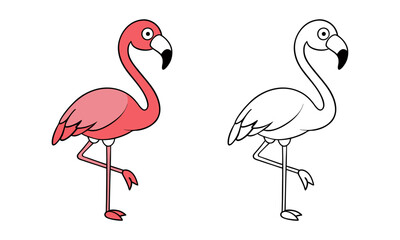 Cute coloring page for kids. Flamingo cute vector illustration cartoon isolated on white background. Flamingo vector colored and colorless. 