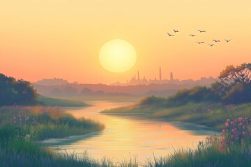 Obraz premium Serene sunset over calm river, distant city skyline.