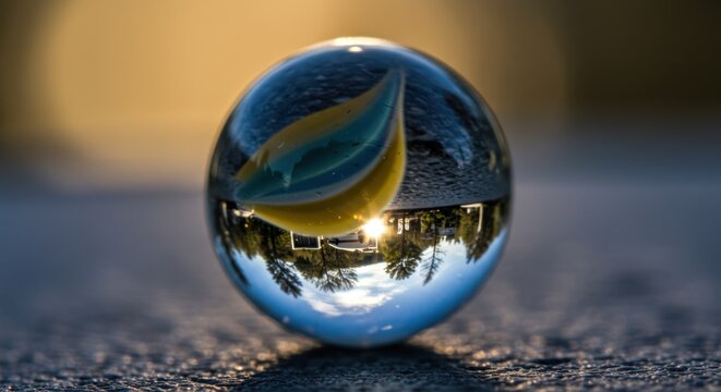 Glass Marble Reflecting Sunset Landscape