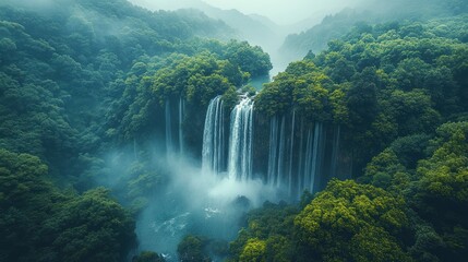 Fototapeta premium Lush green forest waterfall mist aerial view.
