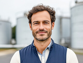 Obraz premium Outdoor portrait of a smiling business professional by agricultural silo with positive energy