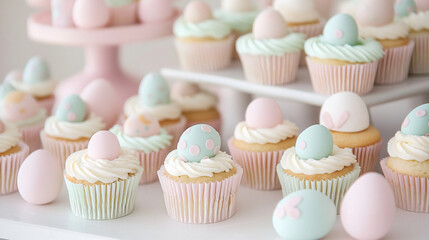 Delightful Easter themed cupcakes with pastel colors and decorative eggs create festive atmosphere. Perfect for celebrations and gatherings, these treats are visually appealing and delicious