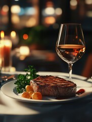 Side view of steak meal with glass of wine in a restaurant setting, with evening ambiance , steak, meal, food, wine, glass