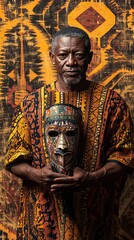 African Man in Traditional Clothing Holds Mask