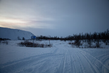 Winter wonderland in Swedish Lapland. Winter landscape from Kiruna, Luossuvaara area.