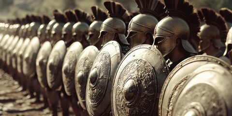 Marching in formation, warriors clad in bronze armor prepare for battle under the golden glow of dawn