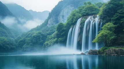 Serene waterfall cascading into a misty mountain lake.