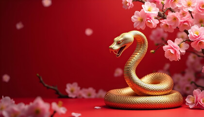 Obraz premium Año nuevo chino de la serpiente. Fondo rojo con espacio para texto. Animal dorado, flores hibiscus asiáticas