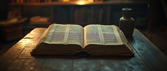 Enlightened words in a vintage open book on a wooden table in a library, bathed in soft natural light, creating a warm, scholarly atmosphere