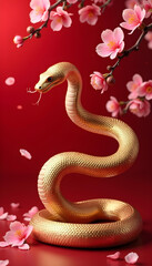 Fototapeta premium Año nuevo chino de la serpiente. Fondo rojo con espacio para texto. Animal dorado, flores hibiscus asiáticas
