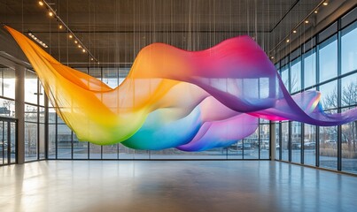Rainbow fabric art hangs in a modern gallery.