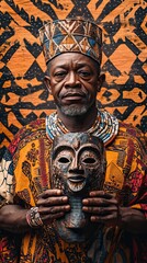 Obraz premium African Man Holding Traditional Mask Wearing Colorful Clothing