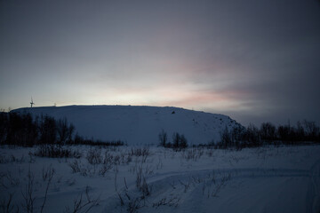 Winter wonderland in Swedish Lapland. Winter landscape from Kiruna, Luossuvaara area.