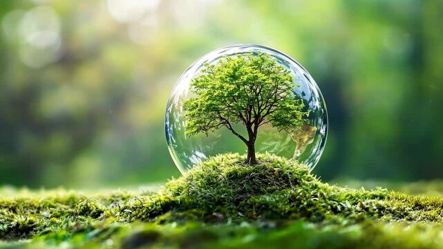 A small tree growing inside a transparent globe, symbolizing the harmony of nature