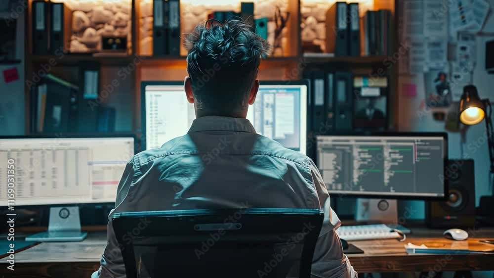Aufkleber Focused individual engaged in work at a well-equipped desk, utilizing multiple screens and sophisticated software in a cozy, low-light environment.
