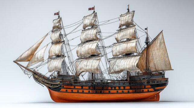 Detailed model of a historic three-masted sailing ship with full sails, isolated on white background.