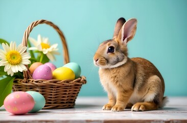 Easter bunny with Easter eggs in basket and white flowers on pastel blue background. Easter card.