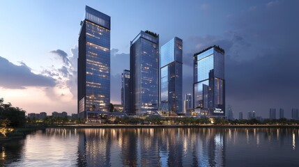Naklejka premium Futuristic India: Illuminated Tech Park at Night with City Reflections - Photorealistic Cinematic Image
