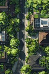 A high-resolution aerial view of a modern sustainable city with abundant green spaces. Features include rooftop gardens, solar panels on buildings, and clean streets.