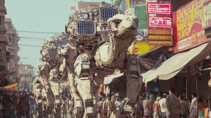 Naklejka premium Vibrant Futuristic Indian Robotic Marketplace with Solar-Powered Camels and Neon Signs - Cinematic Ultra-Detailed Image