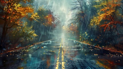 Fototapeta premium light rain falling on rural road with trees on both sides and foggy background