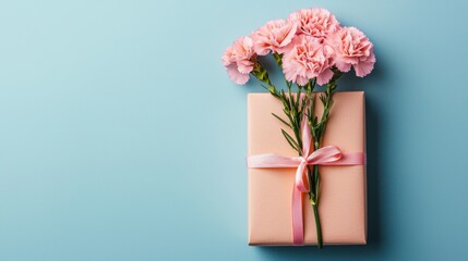 Obraz premium Pink gift box with tender pink carnation flowers. Blue background. Gift or holiday concept. Mothers Day, birthday wedding or St Valentines day with copy space. Minimal