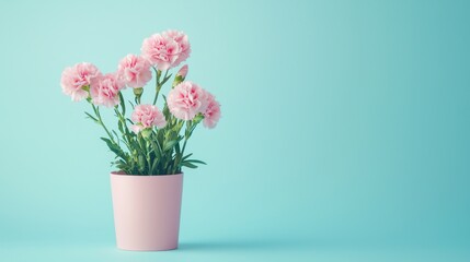 Fototapeta premium Pink gift box with tender pink carnation flowers. Blue background. Gift or holiday concept. Mothers Day, birthday wedding or St Valentines day with copy space. Minimal