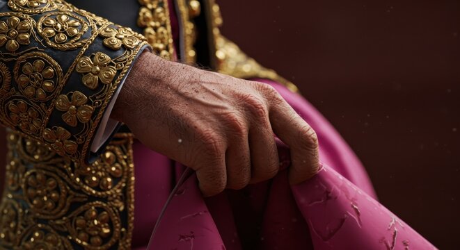A Matadors Hand Holding a Crimson Capote