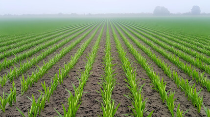Young Wheat Stalks in Field Rows with Early Morning Mist
