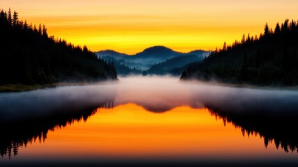 Fototapeta premium Tranquil lake reflecting a colorful sunset and surrounding mountains.
