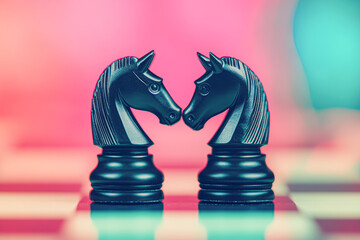 Intense chess match between two black knights game board board game indoor close-up strategy