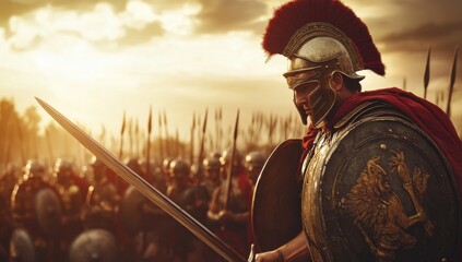 Warrior in armor stands boldly against the setting sun, prepared for battle in a vast ancient battlefield