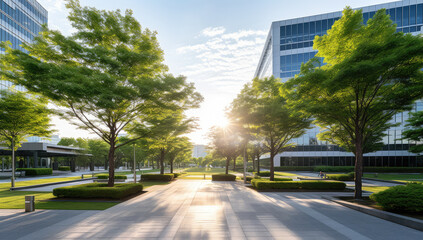 Obraz premium Serene Sunrise in Modern Urban Park