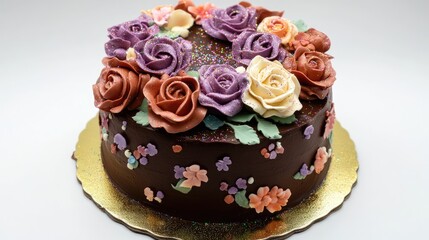 A handcrafted chocolate cake adorned with sugar roses and vibrant edible glitter, [festive dessert], [artistic presentation]