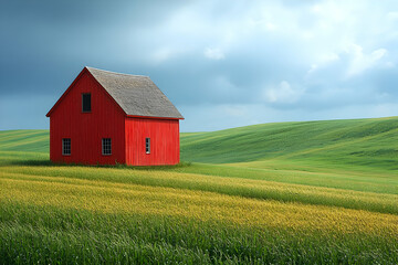 Obraz premium Red barn in rolling green field under a dramatic sky.