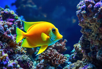 Obraz premium A bright yellow tropical fish swimming among colorful coral reef formations against a deep blue background