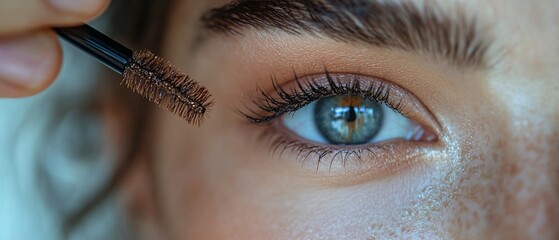 Close-up of a woman's eye with eyebrow gel being applied.