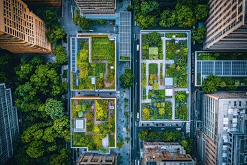 Fototapeta premium A high-resolution aerial view of a modern sustainable city with abundant green spaces. Features include rooftop gardens, solar panels on buildings, and clean streets.