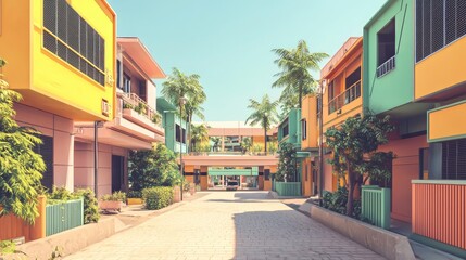 Fototapeta premium Futuristic Sustainable Indian City Center with 3D-Printed Buildings and Solar Paint Exteriors in Hyperreal Clarity Cinematic Image