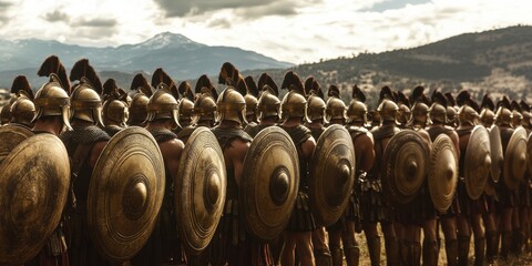 Obraz premium Soldiers in formation prepare for battle amidst the mountains under a dramatic sky