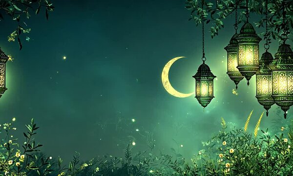 Elegant flat Ramadan illustration with green accents of lanterns and crescent moon over a gradient background, complemented by soft ornamental floral patterns and symmetrical Islamic art