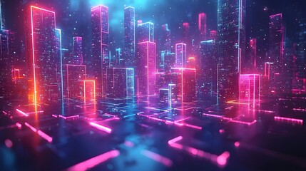 Vibrant Neon Geometric Skyline Forming a Futuristic City Backdrop with Copy Space