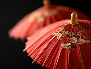 Elegant Red Paper Parasols with Floral Design and Dark Background for Traditional Japanese Aesthetic Inspired Decor