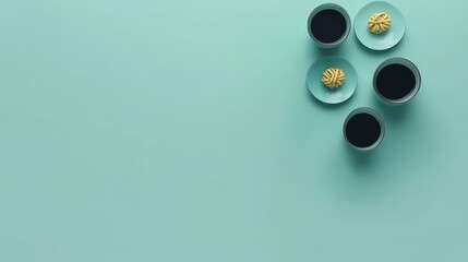 Festive Flat Lay Composition for Chinese New Year Celebrations Featuring Traditional Treats and Dark Beverages on Vibrant Background