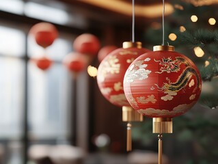 Decorated red lanterns hanging in a festive environment with intricate dragon designs and warm ambient lighting