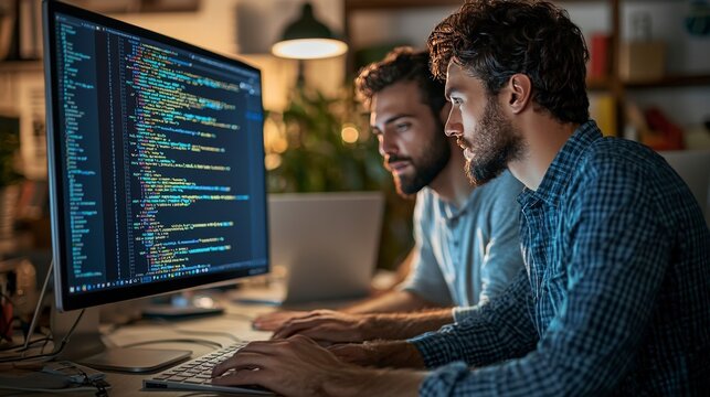 A focused scene showing two programmers working together on coding tasks in a well-lit room, highlighting collaboration and teamwork in software development.