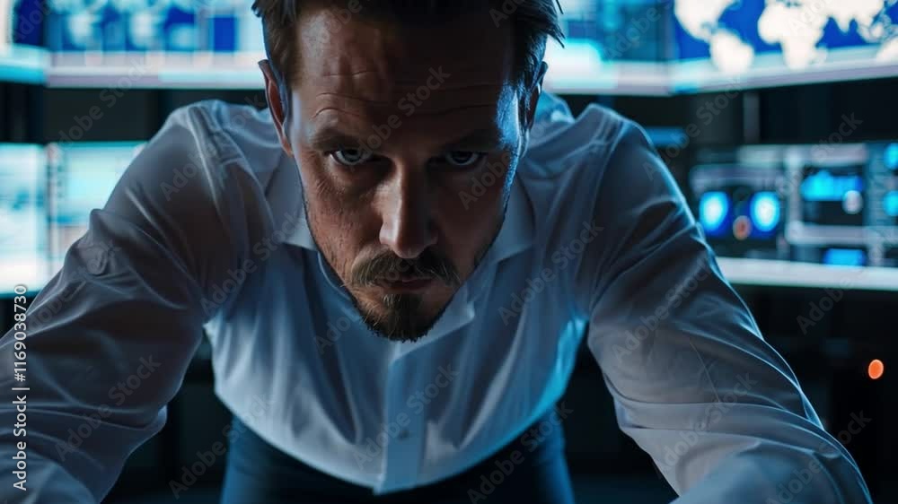 Poster A man is deeply focused on the data displayed around him in a high-tech control room. The environment is illuminated by blue light, contributing to the serious atmosphere.