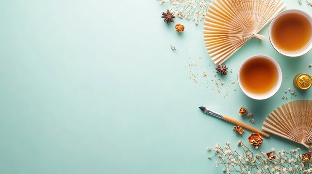 Happy Chinese New Year Celebration Banner Template with Traditional Elements, Tea, Fans, and Dry Flowers for Festive Artwork Creation