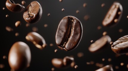Obraz premium Floating coffee beans in dark background illustrate the essence of aroma and flavor in brewing coffee