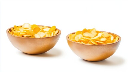 Bowls filled with yellow snack chips arranged on a white background showcasing crunchy texture and appetizing appeal